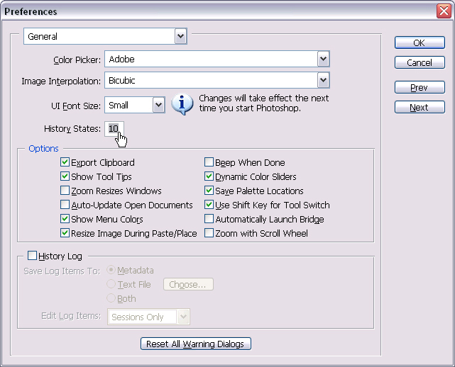 Obr 11.3 Dialog History Options (Voby historie) Obr 11.