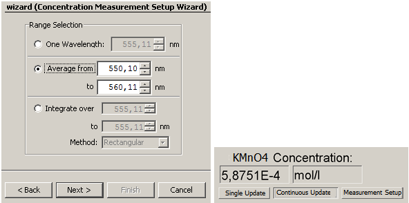 Obr. 7.8 Výsledek naměřené koncentrace při jediné vlnové délce, a to 555,11 nm. Obr. 7.9 Výsledek naměřené koncentrace v rozsahu vlnových délek.