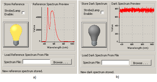 Obr. 1 Měření absorbance nastavení akvizičních parametrů (pouţitý zdroj bílé světlo). Další záloţka Next otevře okna zobrazená na Obr. 2. Kliknutím na ţlutou ţárovku se nastaví referenční spektrum.