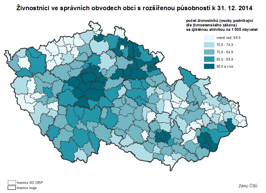 V kraji 5,5 % živnostníků z celkového počtu v ČR Podle stavu k 31. 12. 2014 bylo v kraji registrováno 98,1 tis. živnostníků, tedy o 2,5 % více než před rokem.