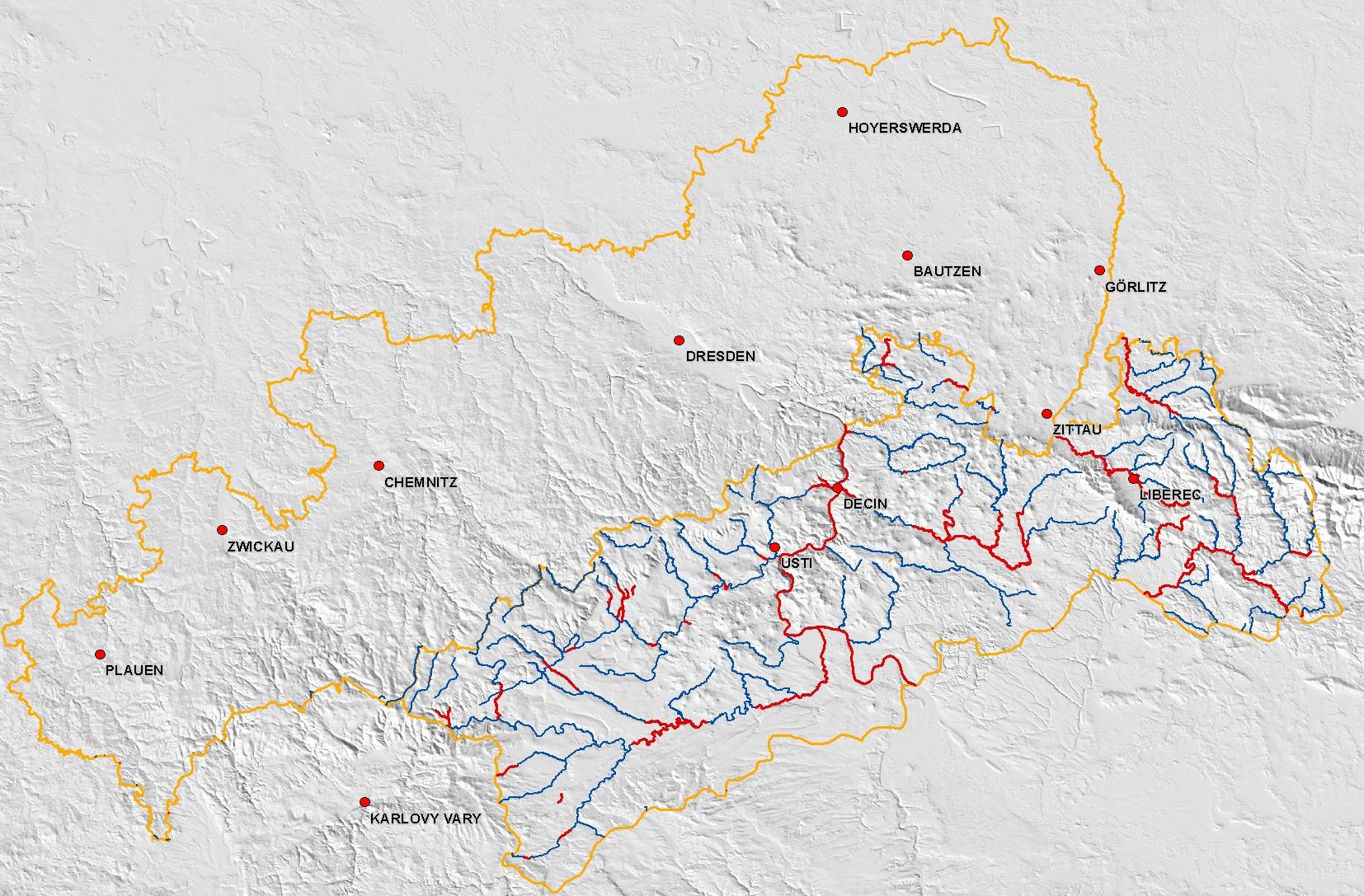 Mapa území oblasti povodňového rizika v Čechách Gebietskulisse Hochwasserrisikogebiete Tschechien