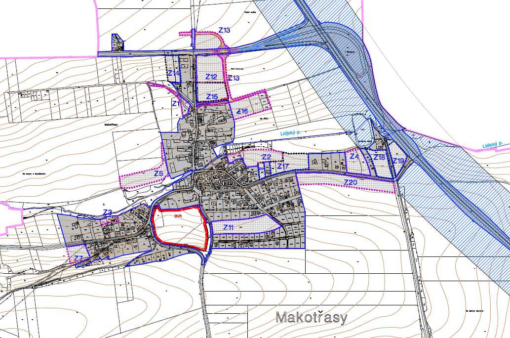 Obr. 1 Vymezení nových zastavitelných ploch ÚPM Dopravní infrastruktura Silnice R/7: správní území obce Makotřasy je ve východní části rozděleno vedením rychlostní silnice R7 Praha Slaný - Chomutov s