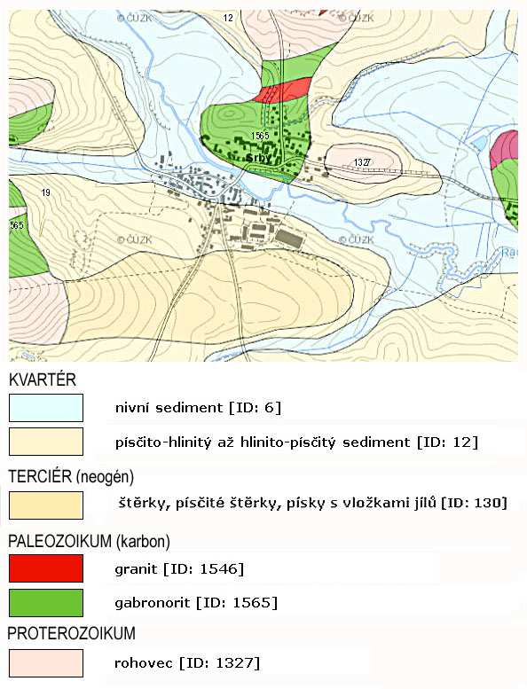 Obr.1: Geologická mapa obce Srby a okolí 3. Dosavadní prozkoumanost Poblíž kostela nebyly v minulosti provedeny žádné průzkumné práce, které by bylo možné pro řešení úkolu použít.