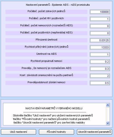 2 Systém pro prezentaci modelů Význam tlačítek panelu: Obr. 2.14. Ukázka nastavení parametrů pro model Epidemie AIDS.
