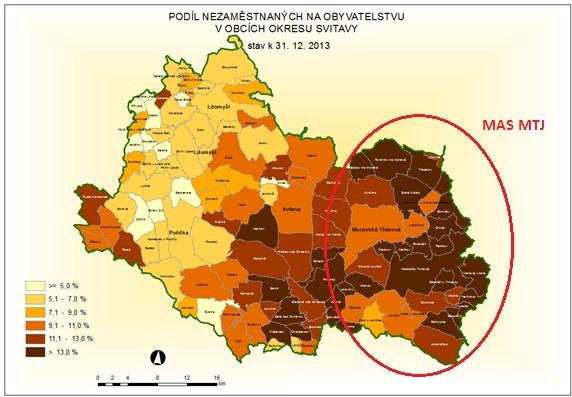 4.6. Nezaměstnanost na území MAS MTJ Území MAS MTJ se rozkládá na území bývalého okresu Svitavy, který v minulosti patřil mezi regiony se soustředěnou podporou státu.