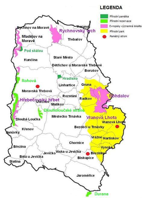 Mapa č. 10: Přehled chráněných území včetně památných stromů v území MAS MTJ Zdroj: RURÚ 2012, vlastní úprava 6.1.5.