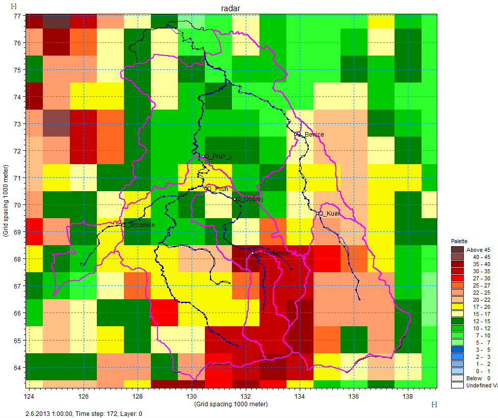 Ověření vlivu změn užívání krajiny na odtok v modelovém povodí Botiče nad VD Hostivař Obr. 5 Korelace hodinových srážek ze 7 srážkoměrů a radarových produktů (31.5.2013 8:00 31.5.13 14:00 a 3.6.