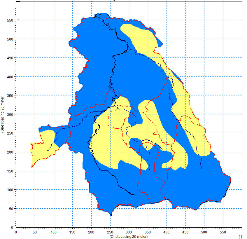 Obr. 14 Rozdělení nasycené zóny: žlutá = kvartér, modrá = málo propustné horniny V této části modelu je také definována mělká drenáž.