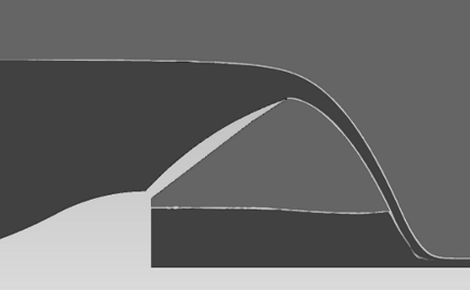 2005). 3.1 Porovnání tvaru přepadového paprsku Nejlepší shody mezi fyzikálním experimentem a CFD modelováním ve tvaru přepadového paprsku (vyobrazeno v Obr.