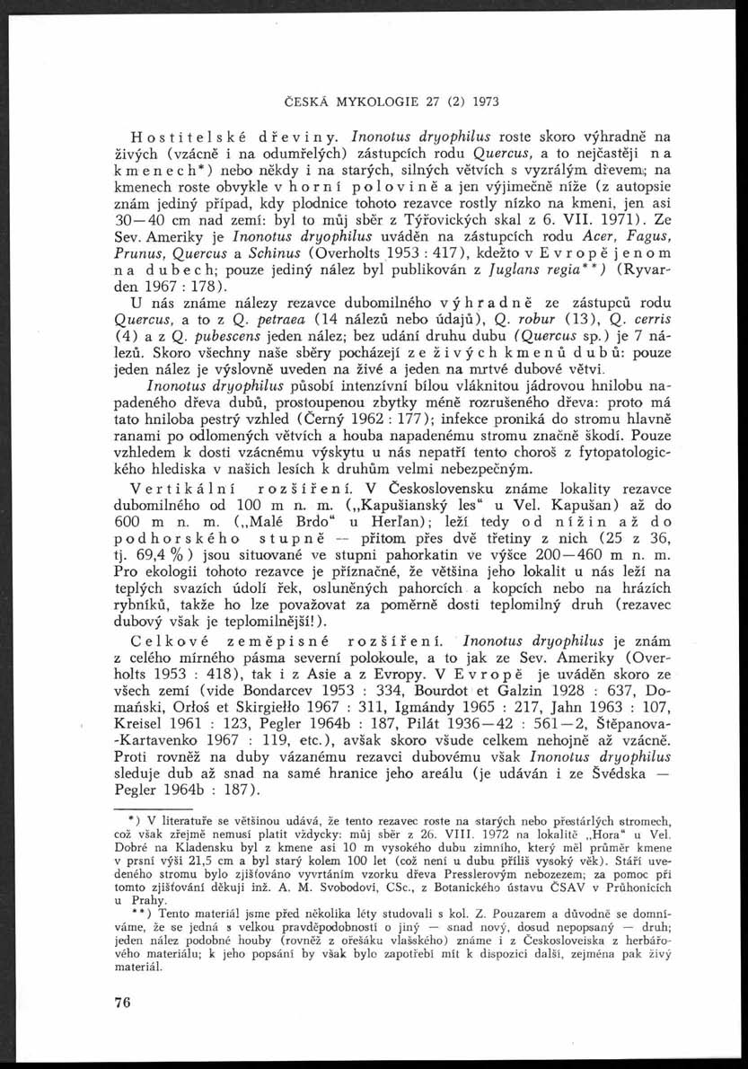 ČESKA MYKOLOGIE 27 (2) 1973 Hostitelské dřeviny.