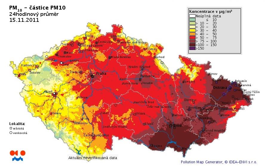 V ČR je určen limit pro znečištění ovzduší pevnými částicemi (polétavý prach) 50 µg/m 3 Překročení toto limitu je