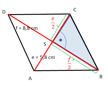 4) Narýsuj kosočtverec ABCD, pokud znáš: AC = e = 5,8 cm a BD = f = 8,8 cm.