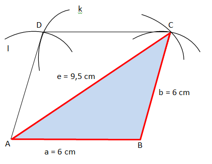 2) Narýsuj kosočtverec ABCD, pokud znáš: a = 6 cm, a AC = e = 9,5 cm.