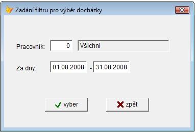 4.1.3. Tlačítko Docházka Obsahuje kompletní evidenci docházky uživatelů. Pomocí tlačítka dochází k přepočtu dat z průchodu do docházky.