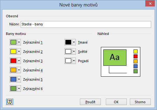 3 Karta Návrh 38 Barvy Vytvoříme vlastní motiv barev: V kartě NÁVRH ve skupině MOTIVY zvolíme volbu Barvy. Zobrazí se galerie 26 předdefinovaných barvených motivů (viz obr. 3-3). OBR.