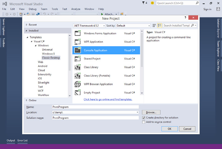 Kapitola 1 První program Obrázek 1.1 Vytvoření nového projektu Zobrazí se poměrně pestrá nabídka, protože Microsoft Visual Studio umožňuje vytvářet celou řadu různých typů programů.