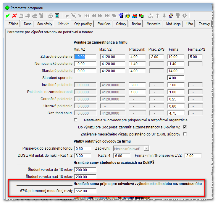 Hranica príjmu pre uplatnenie výnimky z dôchodkového poistenia z určenej DoBPŠ je v roku 2015 vo výške 200,- Program Nastavenie Parametre programu záložka Odvody Podmienkou uplatnenia odvodového