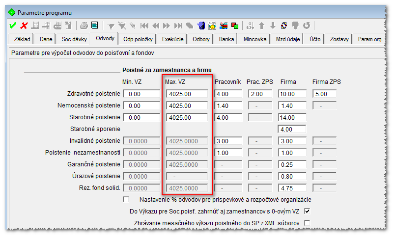 Program Nastavenie Parametre programu záložka Odvody Zdravotné poistenie maximálny vymeriavací základ na mesiac je jedna dvanástina 60- násobku priemernej mesačnej mzdy za kalednárny rok, ktorý dva