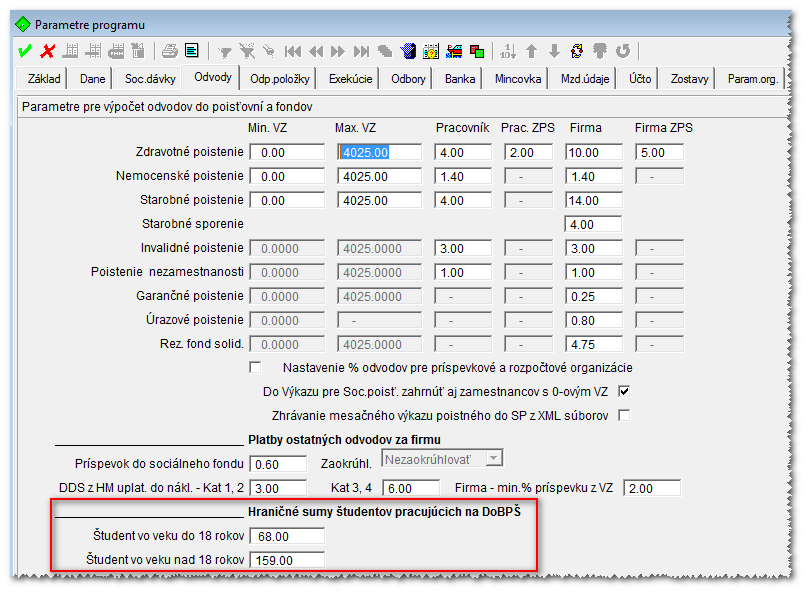 Program Nastavenie Parametre programu záložka Odvody Maximálna suma mesačného príjmu a maximálna suma priemerného mesačného príjmu z určenej DoBPŠ je pre fyzickú osobu, ktorá nedovŕšila 18 rokov