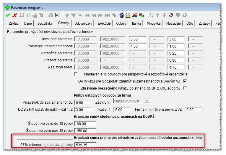 Program Nastavenie Parametre programu záložka Odvody Podmienkou uplatnenia odvodového zvýhodnenia predtým dlhodobo nezamestnaného občana je, že suma mesačného príjmu fyzickej osoby z pracovného