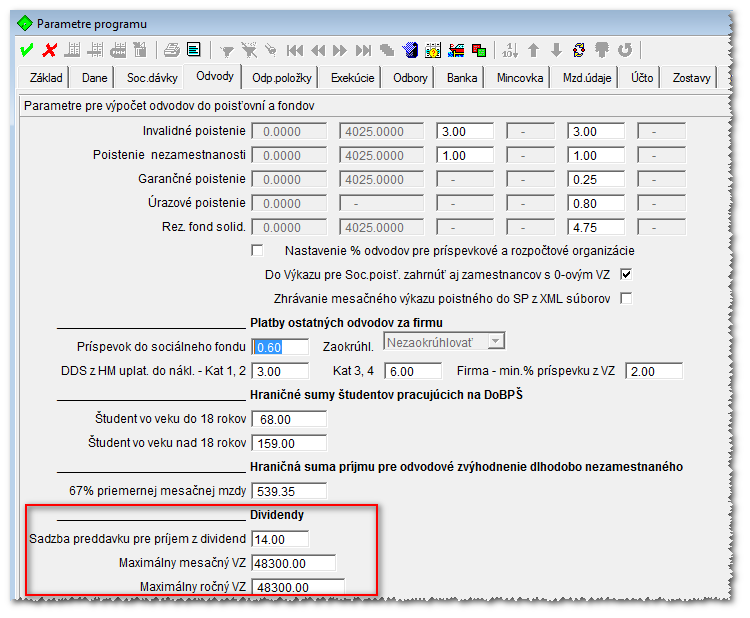 Program Nastavenie Parametre programu záložka Odvody Maximálny vymeriavací základ pre platenie preddavkov z príjmov z dividend na zdravotné poistenie v roku 2014 je 48 300,00-60-násobok priemernej