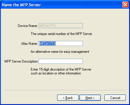 8. Nyní zadejte Alias Name (Druhé jméno) a MFP Server Description (Charakteristika MFP Serveru). Klikněte na Next (Dále).