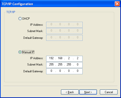 9. Prosím, manuálně nastavte síť pro MFP Server. Přednastavená konfigurace sítě je následující IP Address (IP Adresa): 192.168.2.2 Subnet Mask (Maska podsítě): 255.