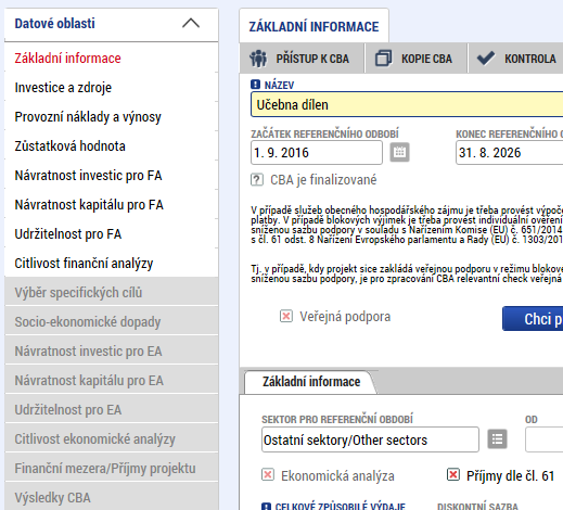 Vyplnění ecba v ISKP14+ (II.) Po uložení záznamu je nutné vyplňovat další pole a záložky na CBA dle příručky (Příloha č.