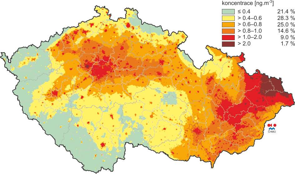 3.13.3. Imisní koncentrace benzo(a)pyrenu rozložení koncentrací Obrázek 46 - Pole roční průměrné koncentrace benzo(a)pyrenu v ovzduší