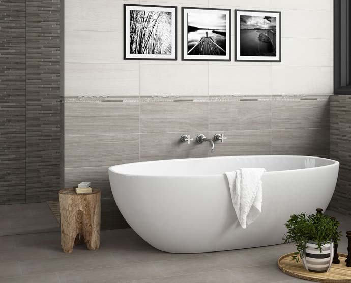 Koupelnová série VANGUARD Obklad LAGOS Crema 33 x 55 cm, 349,-/ m² Obklad VANGUARD Ceniza 33 x 55 cm, 349,-/ m² Dekor LAGOS Waves 33 x 55 cm, 399,-/ m² Dekor VANGUARD