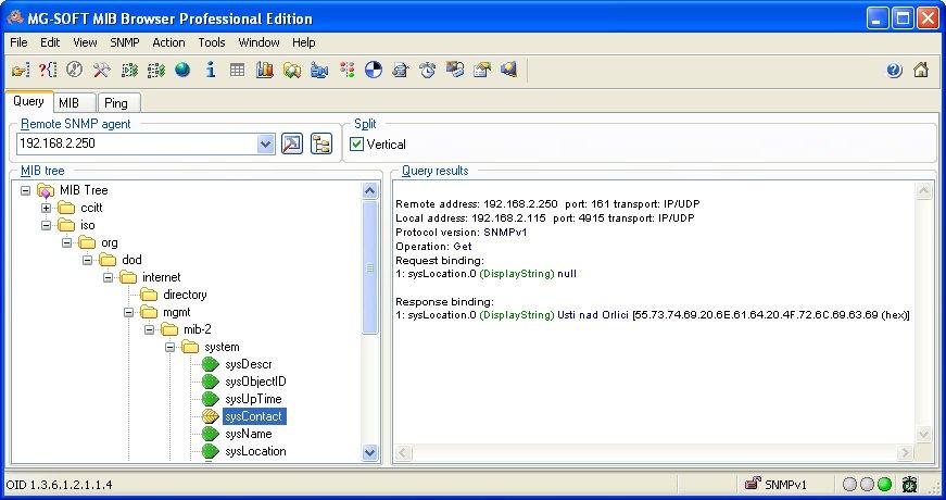 Obrázek 52: Příklad MIB prohlížeče Důležité je nastavit IP adresu SNMP agenta (router) v poli Remote SNMP agent. Po zadání IP adresy je v části MIB tree možné zobrazit vnitřní proměnné.