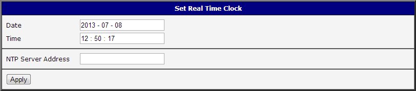 4 Nastavení vnitřních hodin Jednorázové nastavení vnitřních hodin routeru lze vyvolat volbou položky Set Real Time Clock v menu. Hodiny a datum lze nastavit ručně prostřednictvím položek Date a Time.