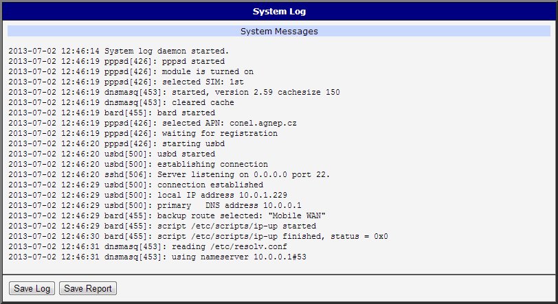 3.9 Systémový log V případě problémů s připojením lze vyvolat systémový log volbou položky System Log v menu. V okně jsou zobrazena podrobná hlášení od jednotlivých aplikací běžících v routeru.