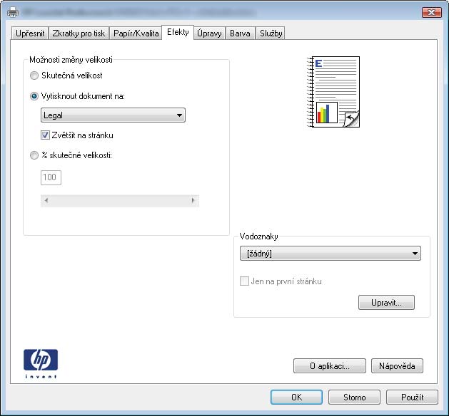 3. Klikněte na kartu Efekty. 4. Vyberte možnost Vytisknout dokument na a potom vyberte velikost z rozevíracího seznamu. Přidání vodoznaku do dokumentu v systému Windows 1.