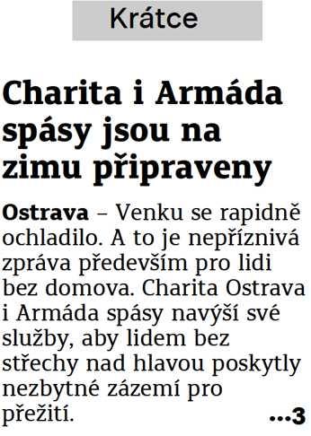 Charita i Armáda spásy jsou na zimu připraveny 30.11.2016 Moravskoslezský deník str.