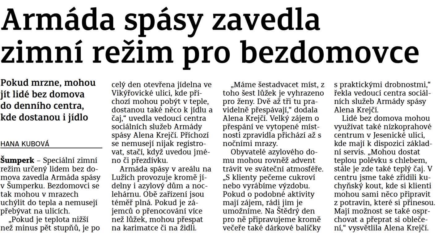 Armáda spásy zavedla zimní režim pro bezdomovce 30.11.2016 Šumperský a jesenický deník str.