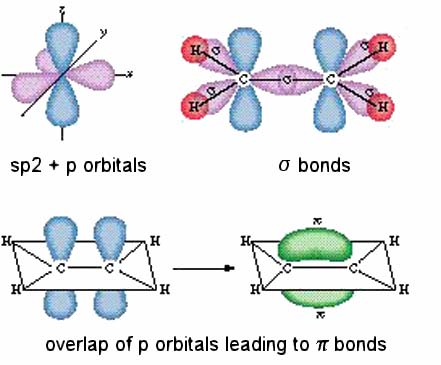 dvojná vazba se skládá se systémů σ a π vazby vycházející z uhlíku tvořícího dvojnou vazbu jsou v rovině a svírají 120 ; π-orbital