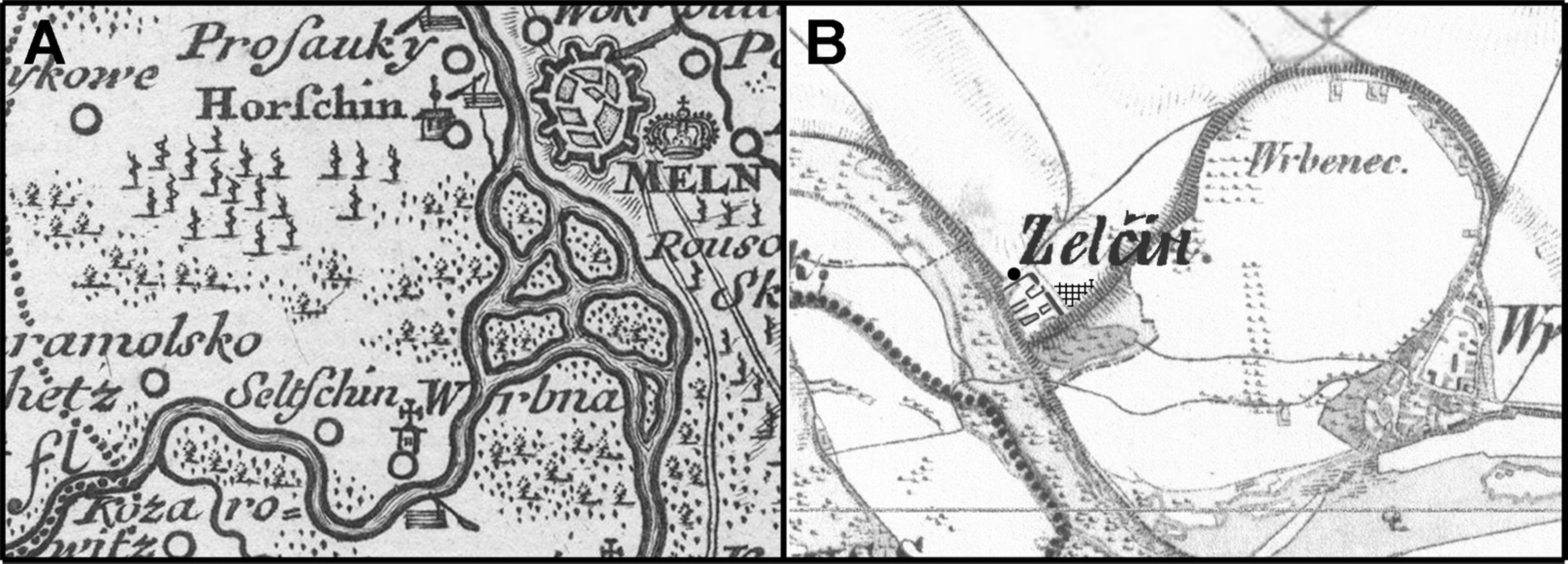 388 ladislav varadzin ivo ŠteFAn Obr. 2. Zelčín na Müllerově mapě z r. 1720 (A) a na mapě 2. vojenského mapování z l. 1836 1852 (B).