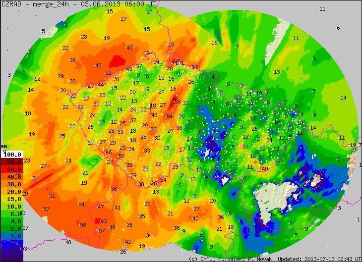 KOMBINOVANÝ PLOŠNÝ ODHAD SRÁŽEK RADAR - SRÁŽKOMĚR ZA 24 HODIN DNE 2.6.