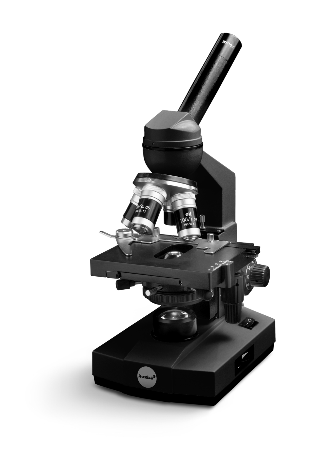 Biologické mikroskopy Levenhuk 320\D320L Okulár Monokulární hlava Otočná hlavice Rameno Čočky objektivu Držák preparátů Pracovní stolek Abbeův kondenzor Osvětlení Šroub ostření Koaxiální regulace