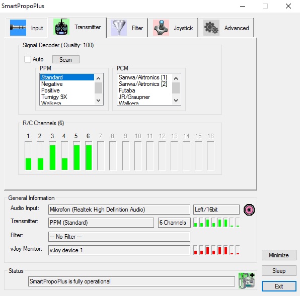 Obrázek 2: SmartPropoPlus - Transmitter Na záložce Joystick v sekci Mapping můžete změnit pořadí kanálů. Program vjoy není třeba nastavovat.