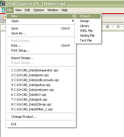 Začátek práce v OrCAD Capture - založení nového