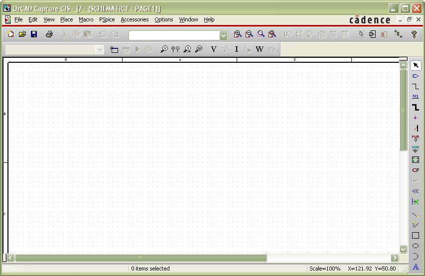 Okno schématického editoru project manager zoom zobrazování U, I, P prac.