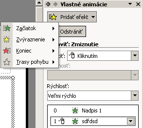 Panel schémy animácií umožňuje nastavenie grafických a zvukových animácií na snímke.