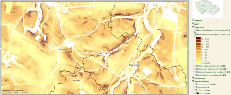 Mapa erozní ohroženosti založena na USLE v rozlišení 10 x 10 m vytvořena