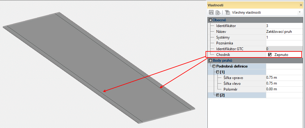 Poznámka: Chodníky se definují vytvořením zatěžovacího pruhu a aktivací jeho vlastnosti "Chodník".