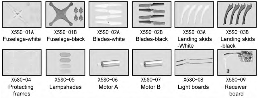 Protective frames- ochranné rámy Lampshades- kryty světel Motor A- motor A Motor B- motor B Light boards- světelné panely Receiver board- deska přijímače Battery- baterie USB- USB kabel Transmitter-