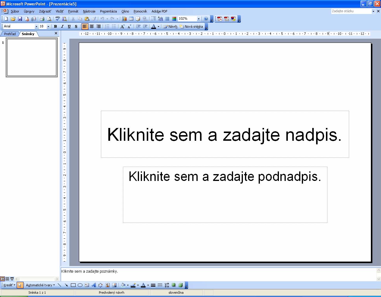 Základné okno MS PowerPoint: textové menu názov prezentácie osnova prezentácie úprava