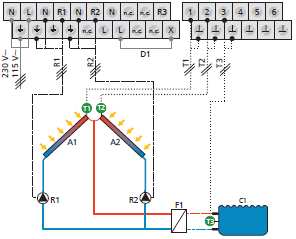 Systém 27: 2 sběratel pole (východ / západ střechou) - 1 bazén s externími tepla výměníku Popis funkce: při přechodu-na teplotě Rozdíl mezi bazénu C1 (T3) a jednoho nebo druhého z kolektor pole A1,