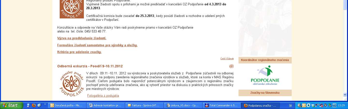 Propagačné aktivity: Aktivity projektu web stránka www.produkt.podpolanou.